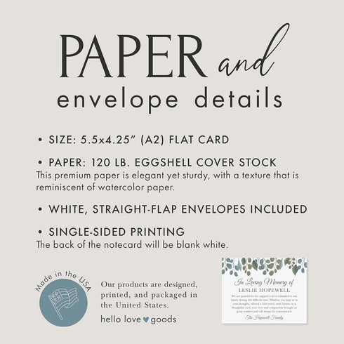 5.5x4.25 In Loving Memory Funeral Thank You Cards with Leaves, Flat Personalized Sympathy Bereavement Notes