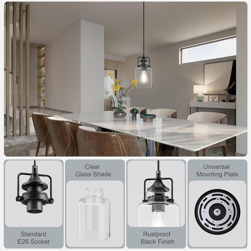 47Inches E26 Bulbs 1 Pack hansang Pendant Lights Kitchen Island, Modern Black Pendant Light Fixture, Kitchen Ceiling