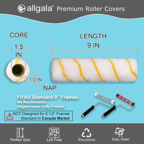 24 Pack 9 Inch 1/2 Allgala Paint Roller Covers, Shedless Lint Free Painter Roller Covers in Roller Naps for Paint