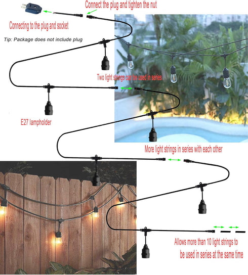 Outdoor LED String Lights, 6.6ft Pendant Light Cord with 2 Sockets, Waterproof Reusable Patio Light Kit No Bulb for