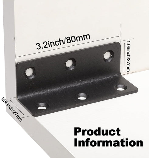 10 Pack 3.2" 80mm L Bracket, Heavy Duty Corner Brace, Metal Shelf Bracket Angle Bracket for Shelves, Black Metal Braces