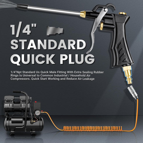 High Volume Air Blow Gun, Brass Adjustable Nozzle, 2 pcs Steel Extensions, 13.7 Inch Universal Blow Hose