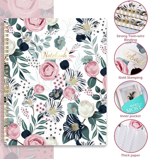 Spiral Notebook, 8.5" x 11", Journal with Thick Paper & Back Pocket, 144 Pages, Twin-Wire Binding, Floral