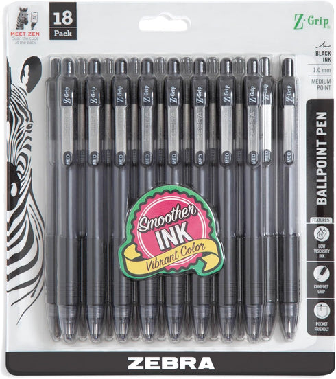 Zebra Pen Z-Grip Retractable Ballpoint Pen, Medium Point, Black Ink, 18-Pack, Model 22218