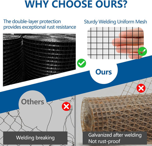 1/2 inch 19Ga (1/2 inch 8in 50ft) Black Hardware Cloth PVC Coated Wire Mesh Vinyl Coated Fence Welded Metal Chicken