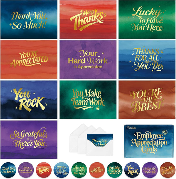 50 Pack Gold Foiled Employee Appreciation Cards with Envelopes and Stickers, 4"