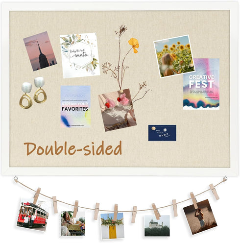 DOLLAR BOSS 24" x 18" Double-Sided Cork Board with Linen for Office Home School, 20 Pushpins, 10 Clips