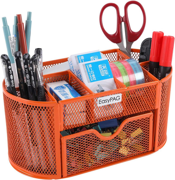 EasyPAG Desk Organizer - Multi-functional Mesh Desktop Caddy with Drawer for Office Supplies, Orange