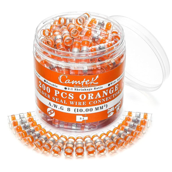 200PCS Solder Seal Wire Connectors Orange 8 AWG, Marine Grade Self Soldering Heat Shrink Waterproof Electrical Butt