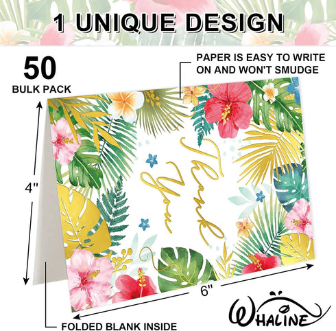 50 Summer 4 6 Inch Whaline Pcs Hawaiian Thank You Cards Tropical Flowers Leaves Greeting Cards with Envelopes Stickers