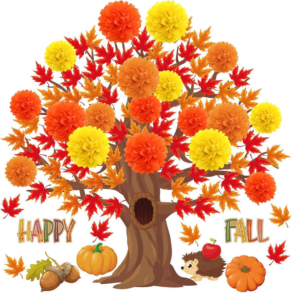 Buryeah 91 Pieces Spring 3D Big Bulletin Board Tree Decoration Set, 47'' x 46'' Tree Background with Pom Poms for Party