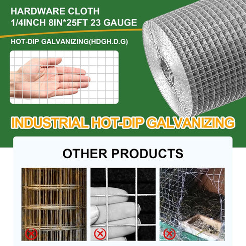 TNELTUEB 8in 25Ft 1/4inch 23 x Hardware Cloth Hot-Dip Galvanized Welded Wire Mesh - Heavy Duty Gauge Chicken Wire