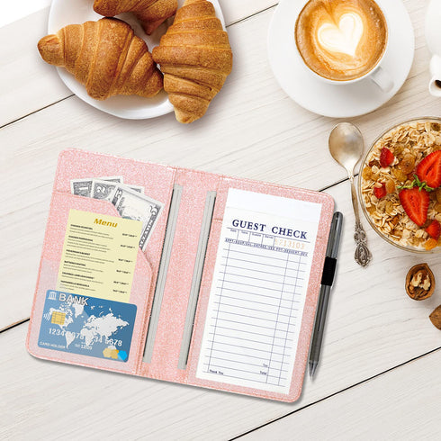 ACdream Cute Pocket Leather Server Books for Waitress, Money Organizer Wallet, Glitter Rose