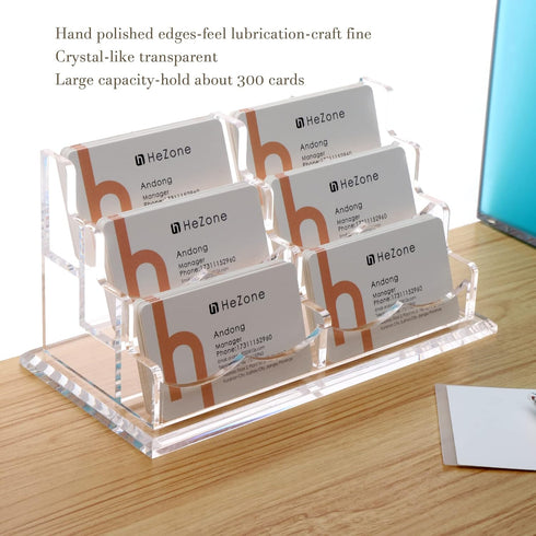 Clear Acrylic Business Card Holder Display for Desk - 3 Tier 6 Slot Stand, Holds 300 Cards - 1 Pack