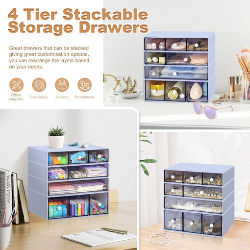 Desk Organizer with 9 Drawers - 4 Tier Plastic Stackable Storage for Office, Makeup Organizer (Purple)