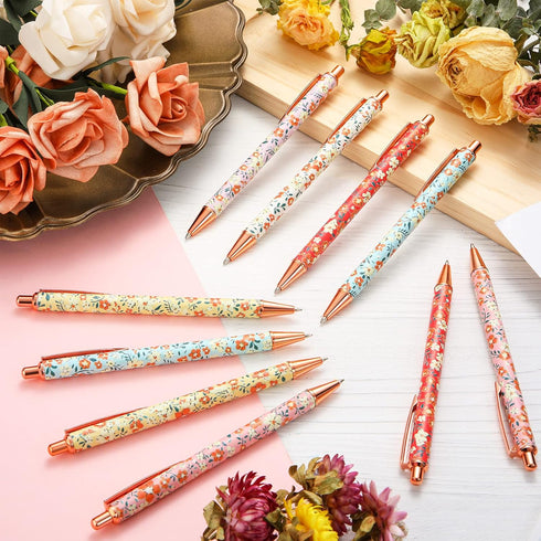 Glenmal Floral Pens, Flower Ballpoint Pens, Fancy Pretty Metal Retractable Black Ink Pens, 12 Pcs