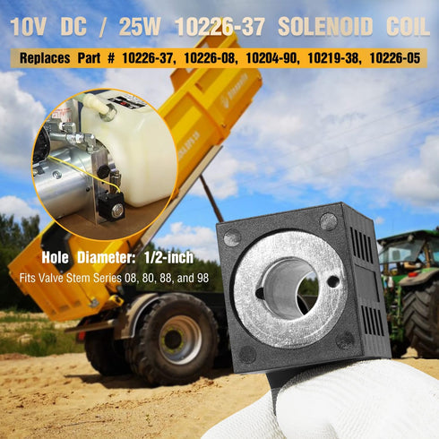 10226-37 Solenoid Coil, 10v DC, 25W, Single Lead Wire, Fits Valve Stem Series 08 80 88 98, Hydraulic Power Unit Lift Dump Trailer Solenoid
