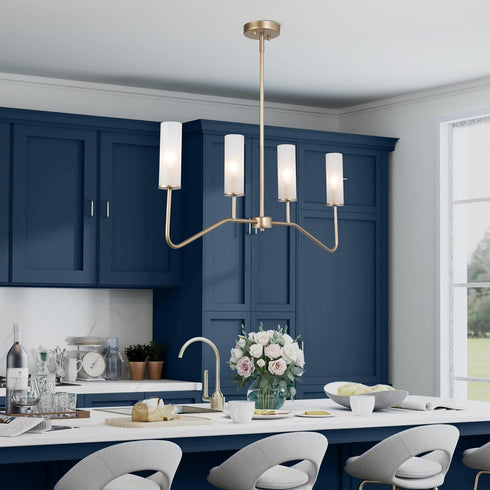 4-Light 32'' Gold Linear Chandelier, Modern Farmhouse Chandeliers Pendant Lights Fixtures with Frosted Glass Shades