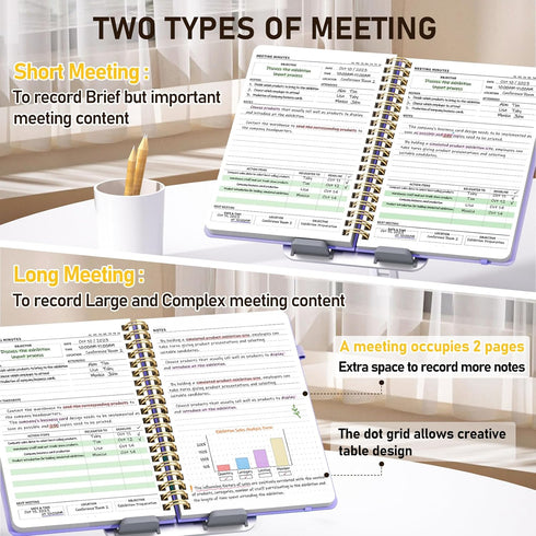 WEMATE 5 Pack Meeting Notebooks with Action Items, 200 Pages, PU Leather Notebook 10" × 7", Color Set 2