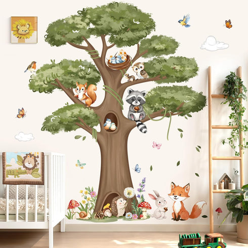 decalmile Woodland Animals Large Tree Wall Stickers Forest Animal Fox Rabbit Hedgehog Wall Decals Kids Room Baby
