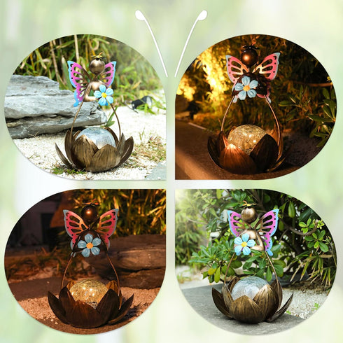 Afirst Solar Lights Outdoor, Solar Fairy Lotus Lamp Garden Decor Metal Crackle Glass Decorative Ball Waterproof