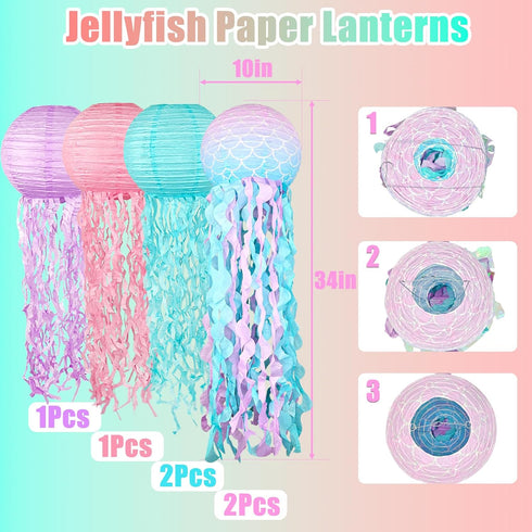 YIOTJUNL 6pcs Blue Pink Purple Hanging Jelly Fish Paper Lanterns, Gradient Colorful Paper Lanterns for Mermaid Theme
