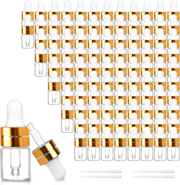 100 Pack 2ml Clear Glass Dropper Bottles with 4 Pcs Plastic Droppers, Mini Sample Vials for Essential Oils