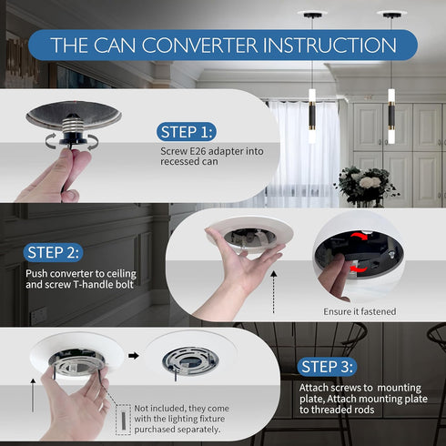 Room,1 Pack. Jolux J Pro Recessed Can Light Conversion Kit to Ceiling Light Fixture, Pendant & Hanging Light and Fan