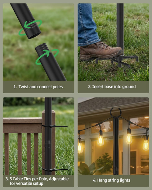 1 Pack, 5-Prong LANDVOI Outdoor String Light Poles Heavy Duty String Light Poles for Outside with Base & Adjustable