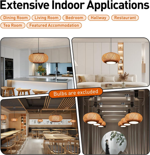 YUASDUU E26 Rattan Pendant Light, Boho Pendant Light Bamboo Pendant Light Handmade Woven Pendant Light Kitchen Island
