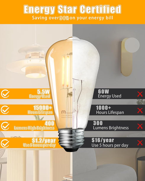 MASTERY MART Dimmable Vintage E26 LED Light Bulb, 2200K Warm White 5.5W (60 Watt Equivalent), 6 Pack