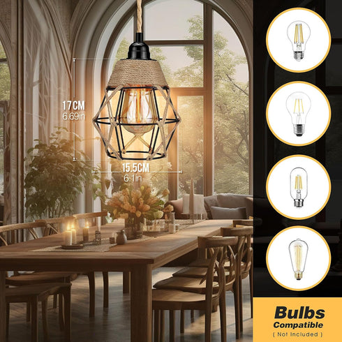 SoodMi Plug in Pendant Light, Industrial Hanging Light with Plug in Cord, Hemp Rope On/Off Switch Farmhouse Pendant