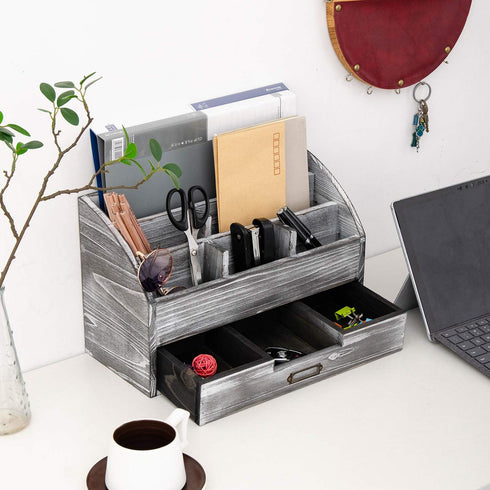 Distressed Rustic Wooden Office Desk Organizer - 5 Compartment with 2 Drawers & Counter Desk Tabletop Mail Rack, Grey