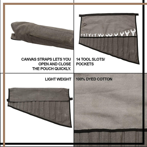 Wrench Pouch with 14 Pockets for Metric & Standard Wrench Organizer, Roll Up Pouch, 100% Dyed Cotton Duck Canvas
