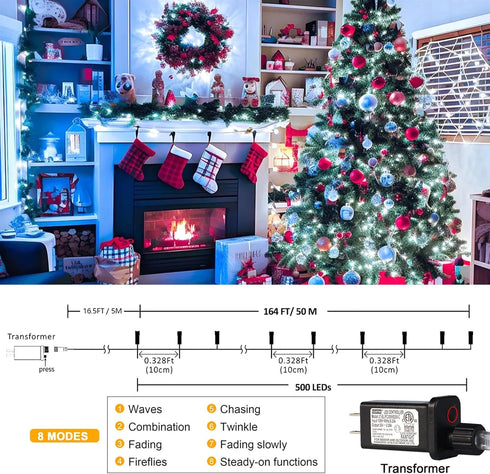500 164 8 kemooie LED White Christmas Lights, FT Lighting Modes Christmas Fairy Lights, Plug in Waterproof Extra Long