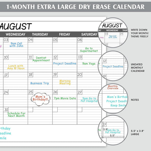 Large Undated Dry Erase Calendar for Wall - 1 Month, 40" x 30", Reusable Laminated with 8 Round Stickers
