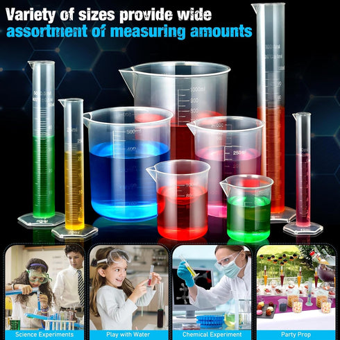 moveland Plastic Graduated Cylinders and Beakers with 5 Pipettes, 10ml 25ml 50ml 100ml Cylinders, 50ml 100ml 250ml 500ml 1000ml Beakers, Ideal for DIY and Kids Science Lab