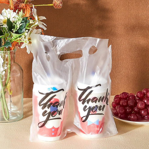 Packaging 2 Cups(1000 Handle Drinking Poly Bags Thank You Clear Plastic Bags, Drink Carrier with Handle Cup Carriers