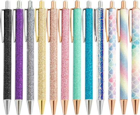 Fun Sparkle Fancy Ballpoint Pen, Cute Sparkly Click Metal Pens, 12 Count Multicolor, Black Ink for Journaling