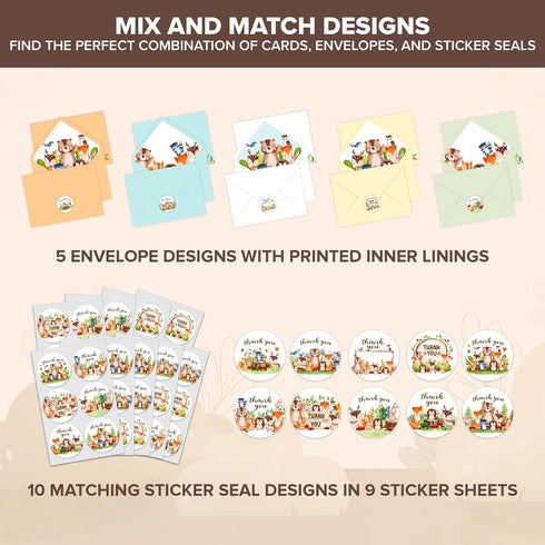 50 Pack 6x4in 10 Decorably Woodland Thank You Cards with Envelopes and Stickers, Folded Adorable Designs for Boys