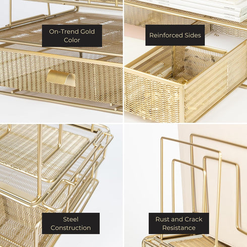 Gold Desk Organizer, Gold Office Accessories Set for Women, Includes Detachable File Organizer, Stackable Paper Tray,