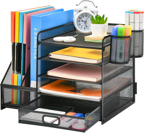 Marbrasse Desk Organizer with File Holder, 5-Tier Paper Tray Organizer with Drawer and 2 Pen Holders for Office Supplies