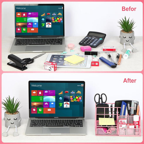 Pink Office Supplies Set with Desk Organizers and Accessories: Stapler, Pen Holder, Phone Holder, Scissors, Ruler, 30