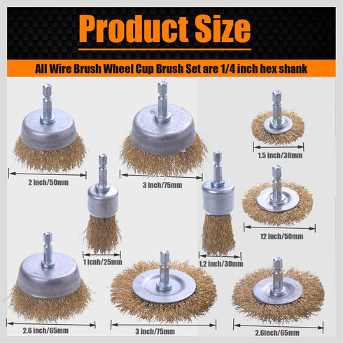 Wire Brush for Drill, 9 Pcs Brass Wire Wheel Brush for Drill, 1/4 Inch Hex Shank, Drill Wire Brush for Cleaning Rust, Stripping
