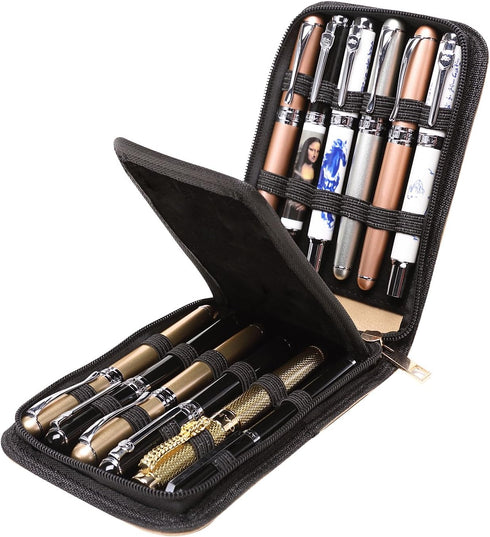 Fountain Roller Ball Pen Case Holder - PU Leather Bag for 12 Pens, Beige