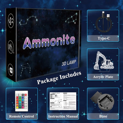 Ammonite 3D Excavator Lamp for Kids, LED Optical Illusion Night Light with Remote Control and Timing Function as