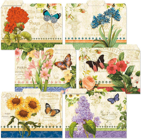 Grande Fleur File Folders, Set of 24 (6 Designs) with 1/3 Cut Staggered Tabs, Letter-Size Designed Folders