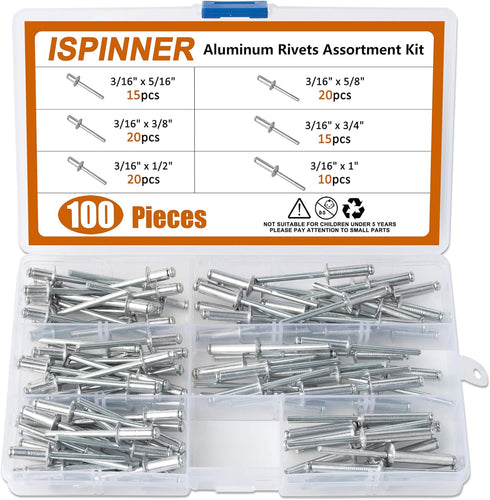 ISPINNER 100pcs Aluminum Blind Rivets Assortment Kit, 6 Sizes, 3/16" x (5/16" 3/8" 1/2" 5/8" 3/4") Silver