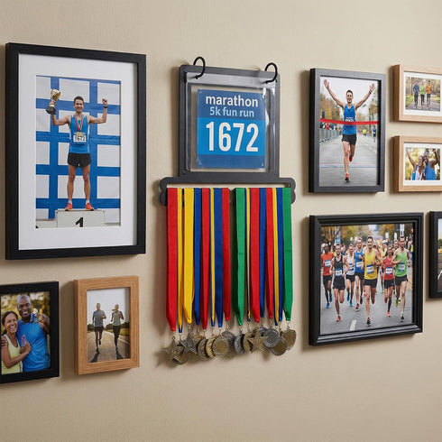 AOZUO 40+ 20 Race Bib and Medal Display Hanger, Medal Hanger Display Holds Medals & Race Bibs with Flip Vinyl Sleeves
