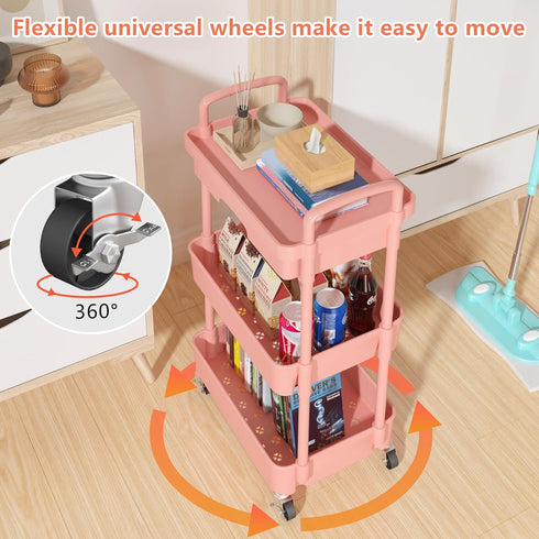 Calmootey 3-Tier Rolling Utility Cart with Drawer, Multifunctional Storage Organizer with Plastic Shelf & Metal Wheel,